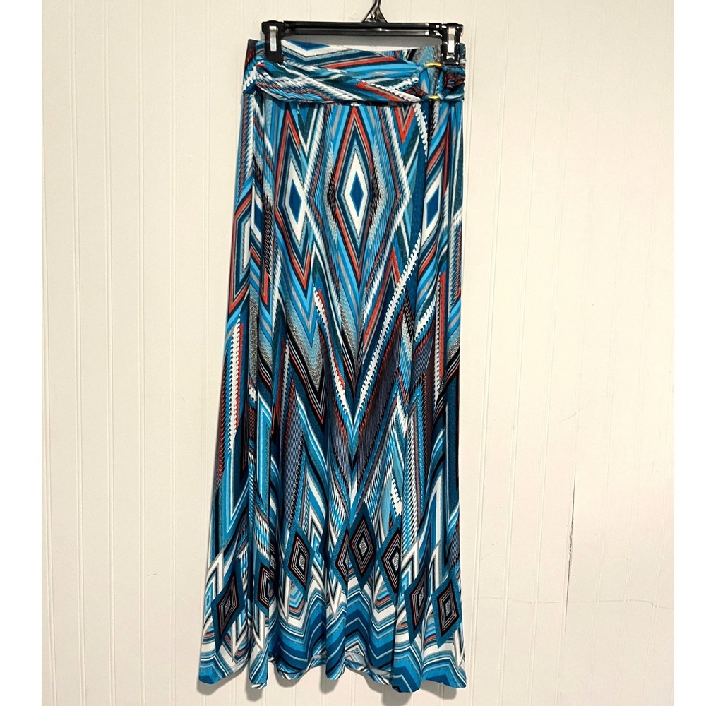 Robert Louis Maxi Skirt Womens Small Blue Geometric O-Ring Detail vacation